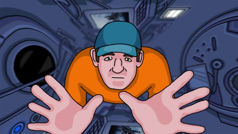 still of space man dad floating in zero-g taken from the short animation a Story From Space 